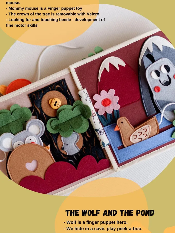 quiet book with forest animals made of felt and fabric for toddler 1,2,3 years old, handmade montessori baby activity toys, Kinderkrama