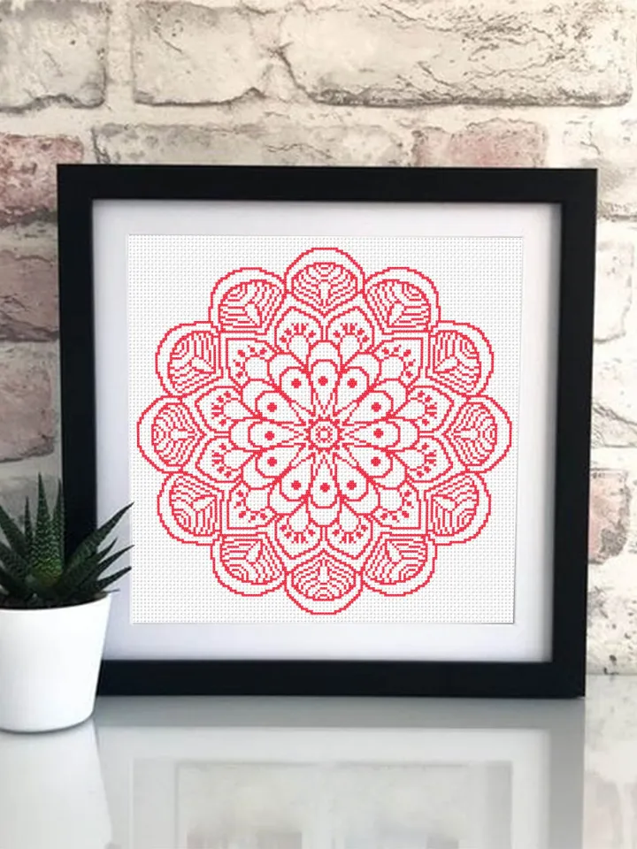 Mandala cross stitch pattern download PDF, Modern floral ornament cross stitch chart, Easy mandala hand embroidery PDF, DIY Home decor #M32