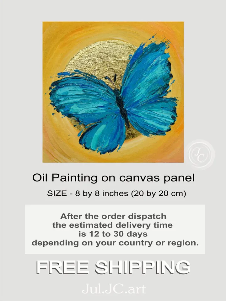Blue Butterfly Painting Original Art 8 by 8 inches Gold Leaf Artwork Moon Art Insect Painting Blue Turquoise Home Decor
