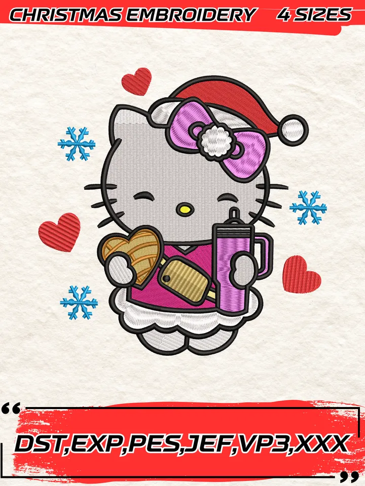 Hello Kitty Concha Embroidery Design, Cute Kitty Christmas Embroidery Digitizing Pes File,4 Sizes, Digital Download