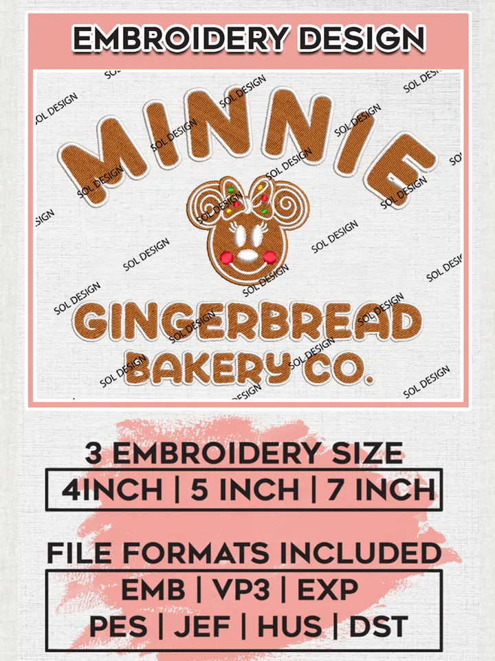 Minnie Mouse Gingerbread Bakery Co Embroidery Design Files, Disney Characters Machine Embroidery, Merry Christmas Embroidery, 3 sizes, Disney Christmas Machine embroidery designs, Digital Download