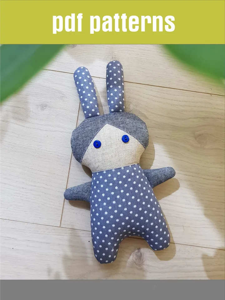 Grey Bunny Doll sewing pattern PDF, digital tutorial in english, Diy Rag Doll