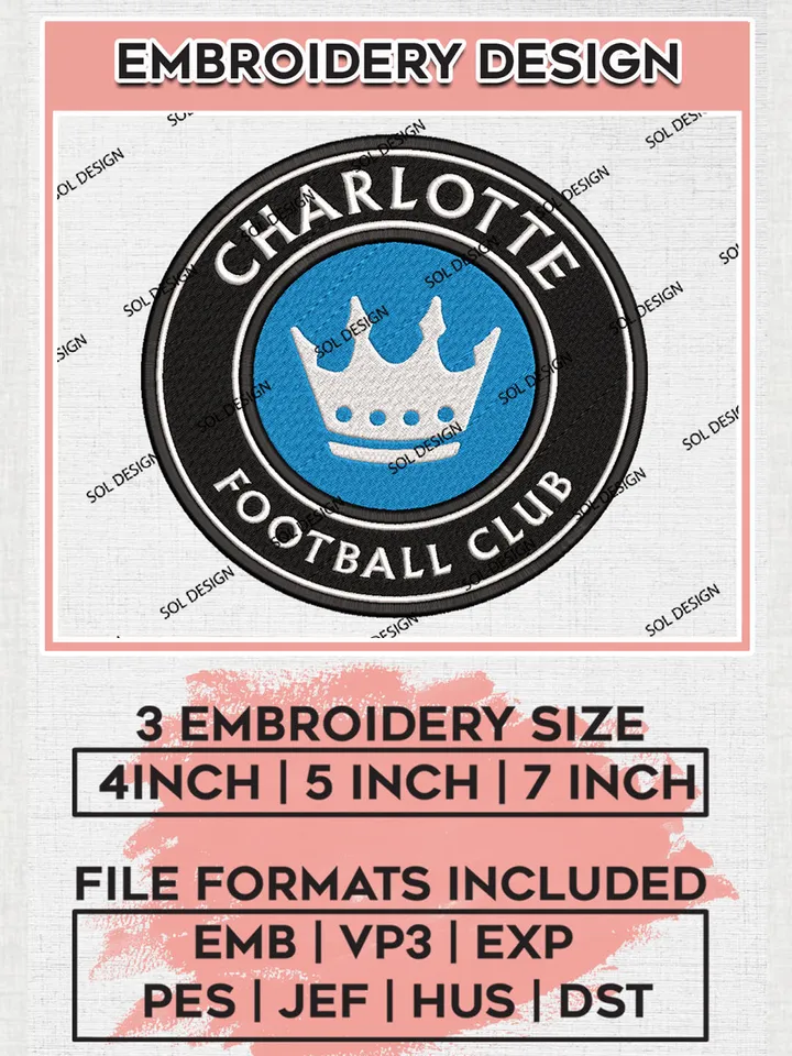Charlotte FC Logo Embroidery Designs, MLS Embroidery files, Charlotte MLS Teams, Charlotte FC Football, Digital Download
