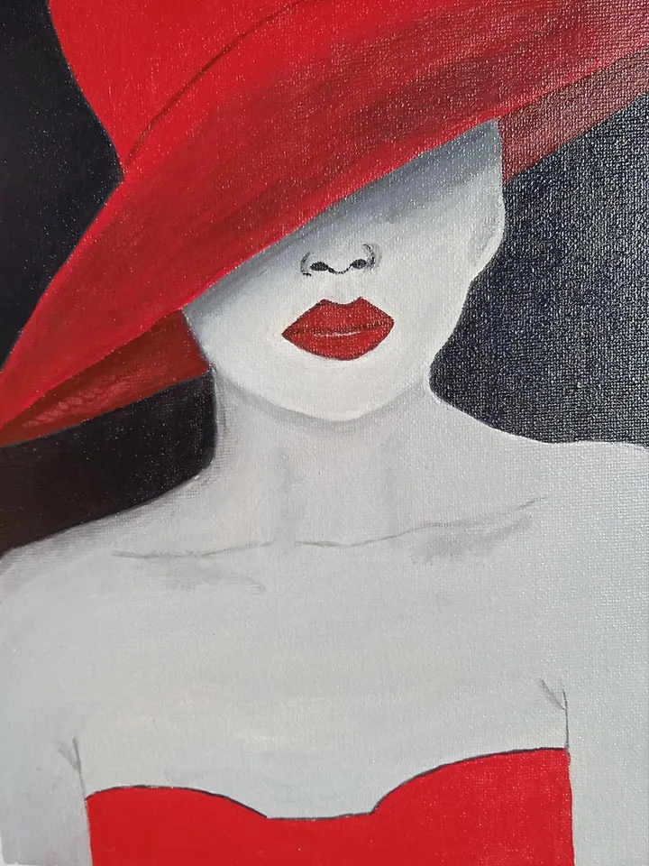 Girl in a red hat painting with a girl in a red dress Original acrylic painting
