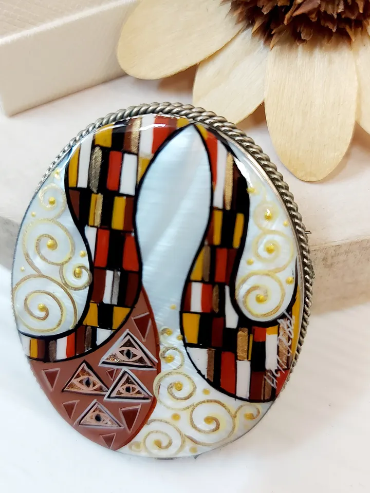 Brooches for women: Art inspired abstract mother of pearl brooch, shell jewelry originally hand-painted in Gustav Klimt's Art Nouvau style
