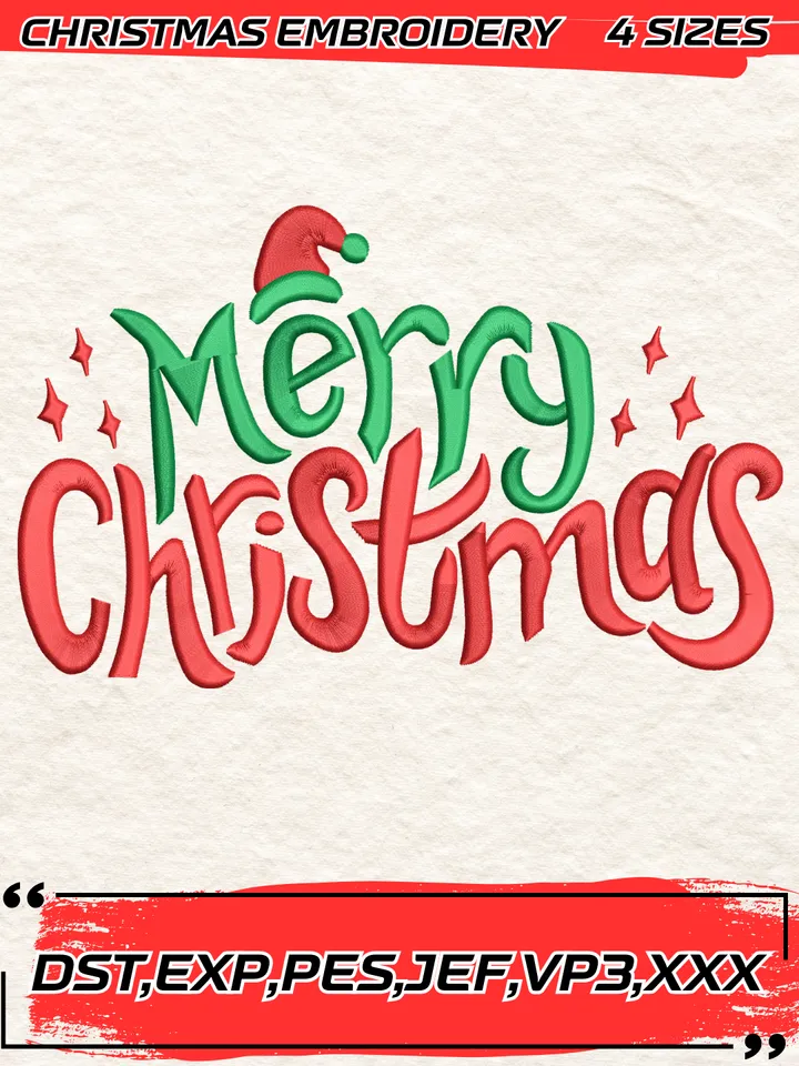 Merry Christmas Embroidery Design,Christmas Embroidery Design,4 Sizes,Digital Download