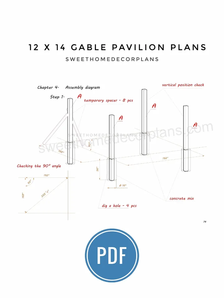 12 x 14 gable pavilion plans for DIY. Wooden gazebo plans pdf. Covered carport plans. Timber frame backyard pavilion plans.