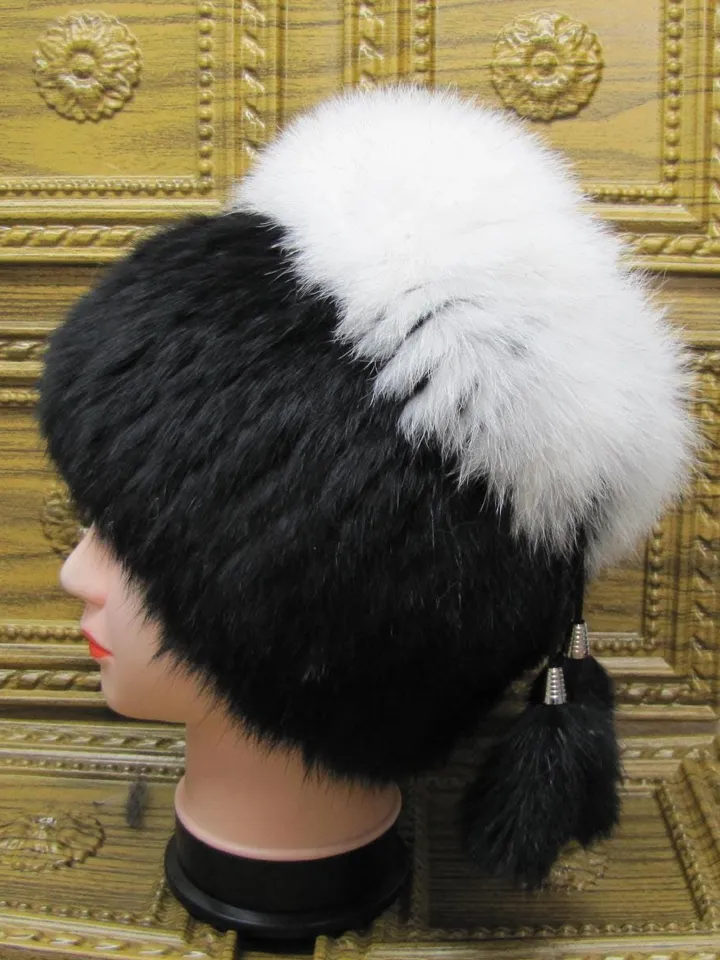 Women's fur hat made of natural rabbit fur. Rabbit hat with arctic fox. Women's winter hat, fur accessory. Rabbit and arctic fox fur.