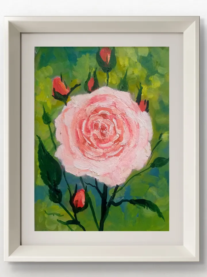 Small painting Portrait of a rose flower, handmade in oil on cardboard Open Rosebud Portrait , Pink Rose Original Art Floral wall art Artwor