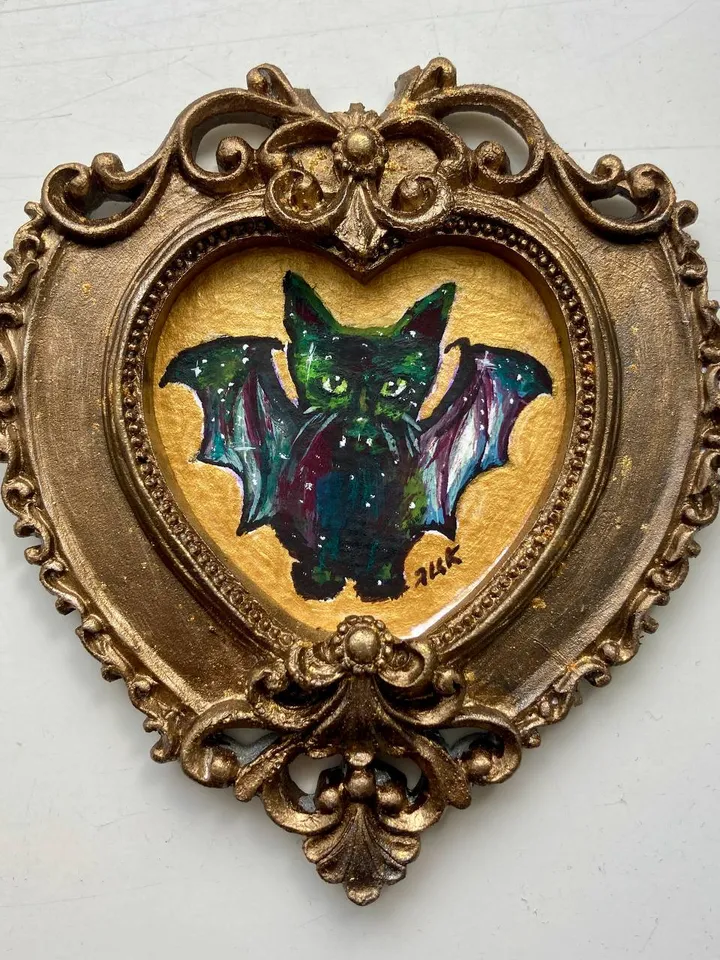 Bat Painting Small Framed Art Goth Painting Bat Gifts, Mini Gold Framed Decor, Cat Bat, Black Cat Art, Tiny Art Whimsigoth Decor