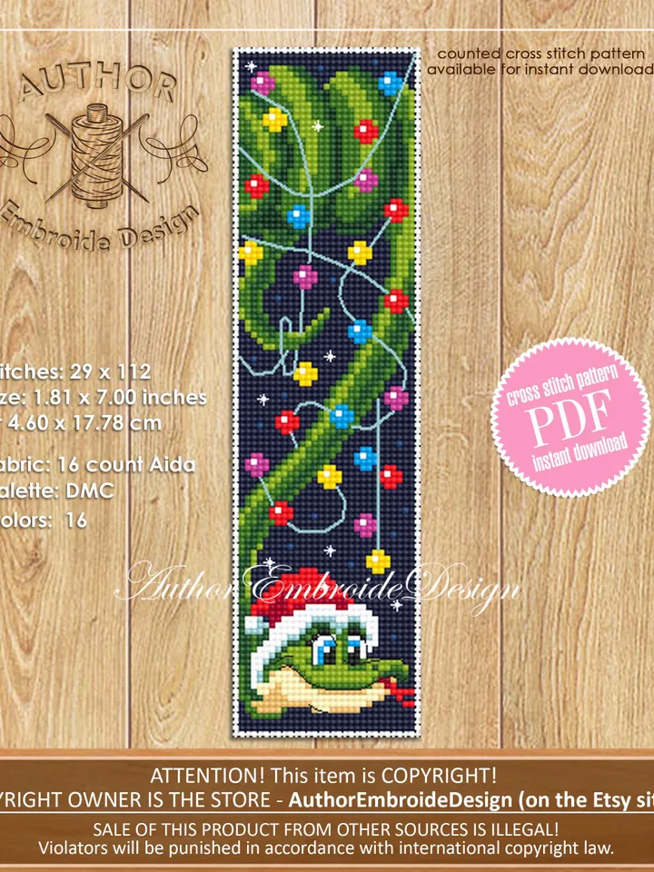 Christmas bookmark cross stitch pattern PDF download Funny snake cross stitch chart, Snake bookmark pattern digital PDF Happy new year #B363