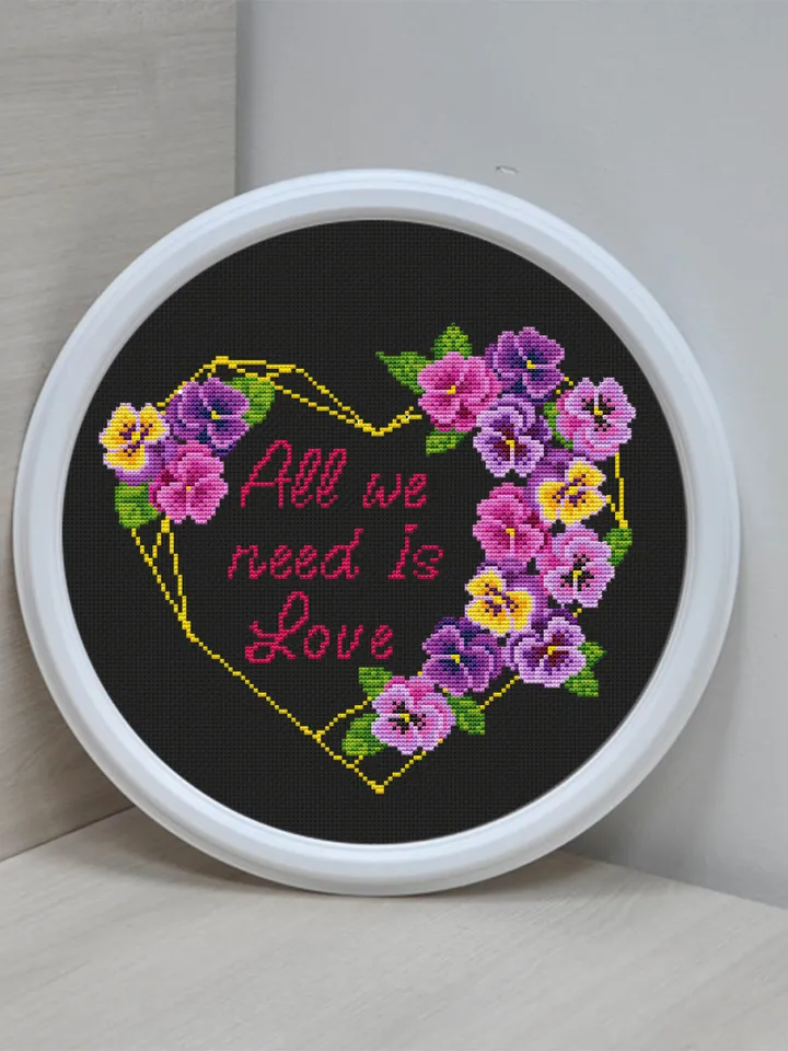 Heart frame cross stitch pattern PDF download Framed quote cross stitch All we need is love, Flower wreath cross stitch chart, Valentine Q56