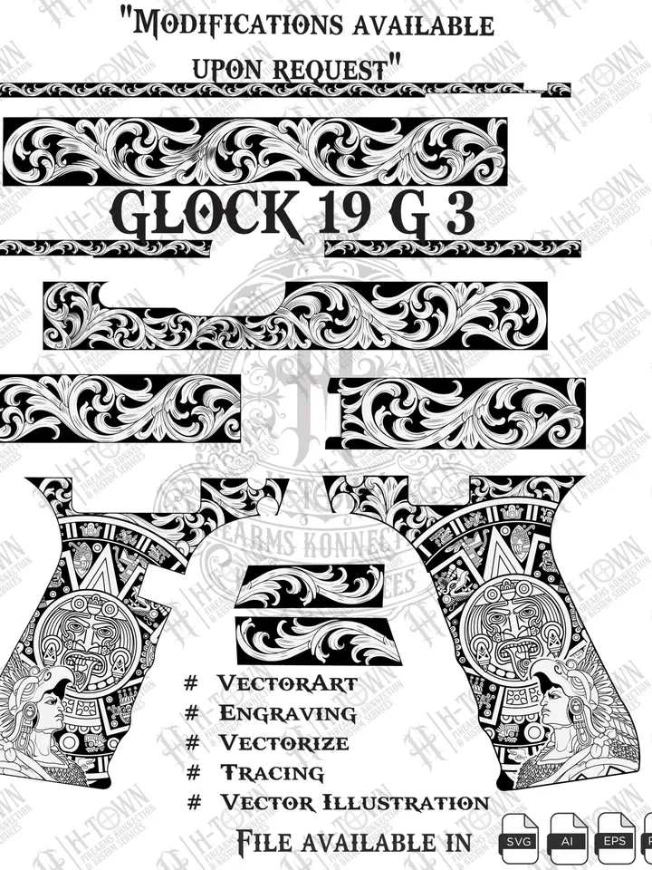 Glock 19 Gen 3 Aztac with Scroll Engraving | Aztac Grip & Slide Vector | Laser Svg PNG EPS AI | Custom Gun Template