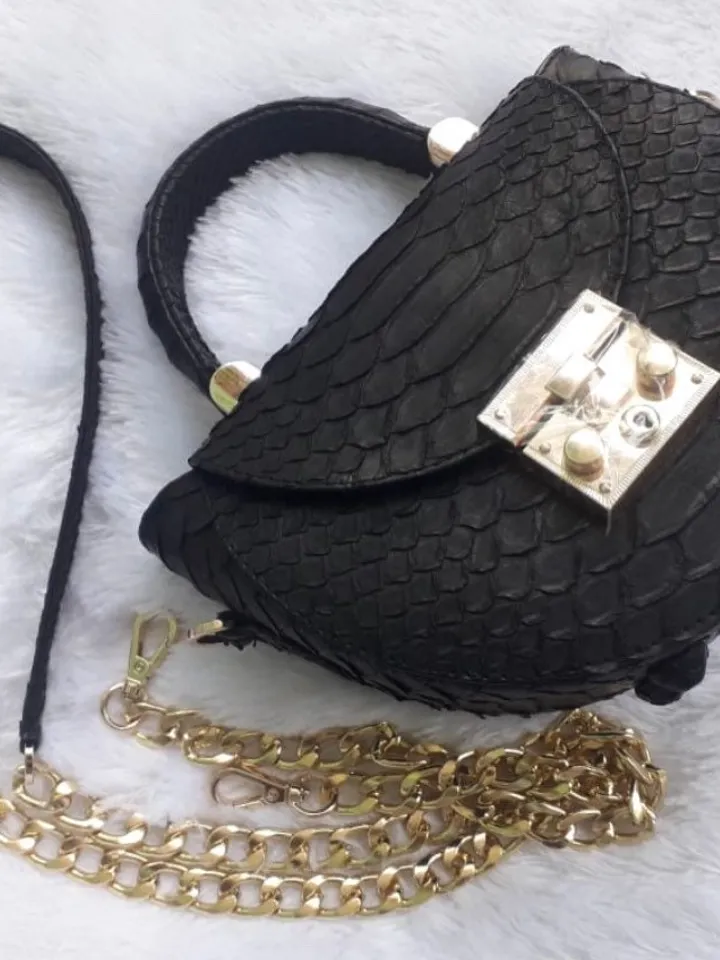 Genuine Python Skin Crosshandle Elegant Black Bag | Exotic Leather Bags | Designer Bags | Handmade Chain Crossbody Handle Women Classy Purse