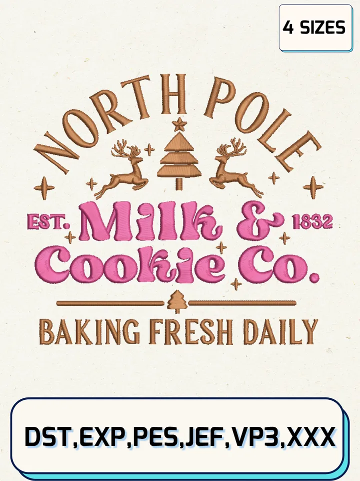 North Pole Milk Cookie Embroidery Design,Christmas Embroidery Designs,Machine Embroidery Files,4 Sizes