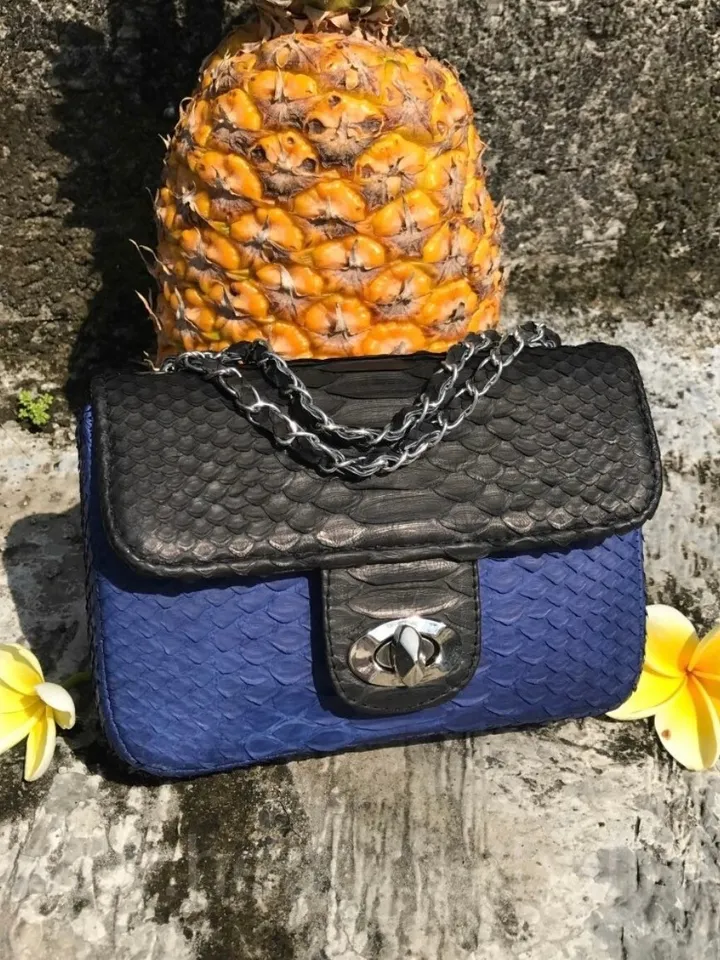 Genuine Python Skin crossbody black and blue bag | Adjustable Chain Classy Elegant Crossbody Small Lady Classy Bag | Python ColorblockPurse