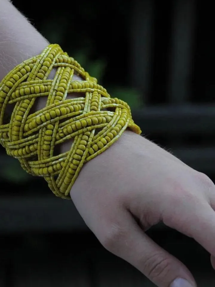 Yellow Beaded Handmade Women Bracelet | Wide Bracelet | Bead Bracelet | Yellow Summer Bracelet | Chic Bracelet | Evening Classy Bracelet