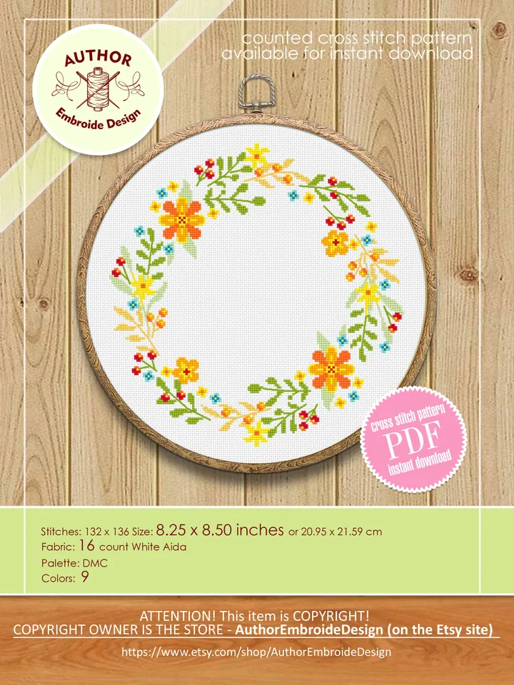 Flower wreath cross stitch pattern PDF download Floral frame cross stitch chart, Flower border hand embroidery, Flowers hoop art design #Y4