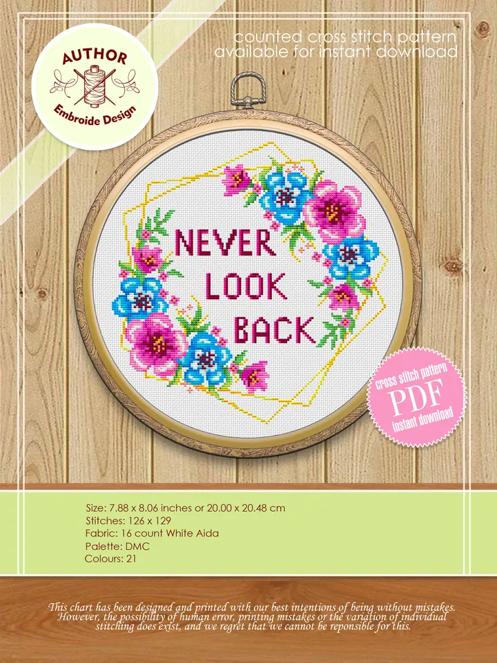 Quote Cross stitch flowers PDF pattern never look back, Cross stitch Flower, Flower wedding embroidery, xstitch chart Modern needlepoint