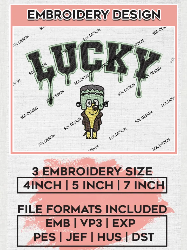 Halloween Lucky Dog Bluey x Frankenstein Drop Blood Name Embroidery designs, Hapy Halloween Machine embroidery designs, Bluey Character embroidery files, Trick Or Treat Machine Embroidery Digitized Pes Files, Digital Download