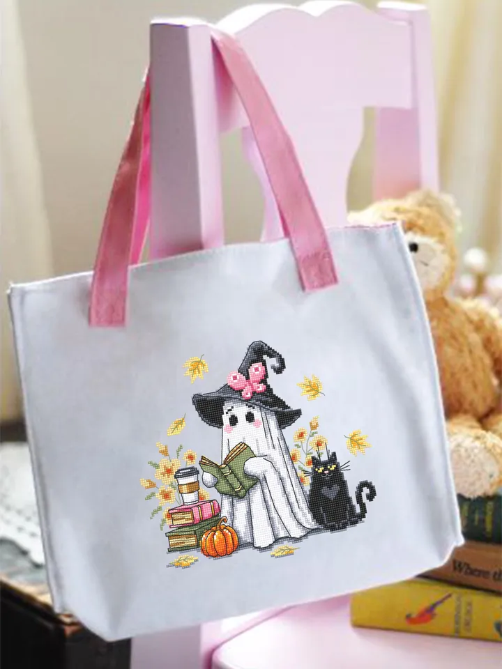 Cute ghost with black cat cross stitch pattern PDF download Set of 3 ghost cross stitch chart Halloween pattern digital PDF Fall leaves #H91