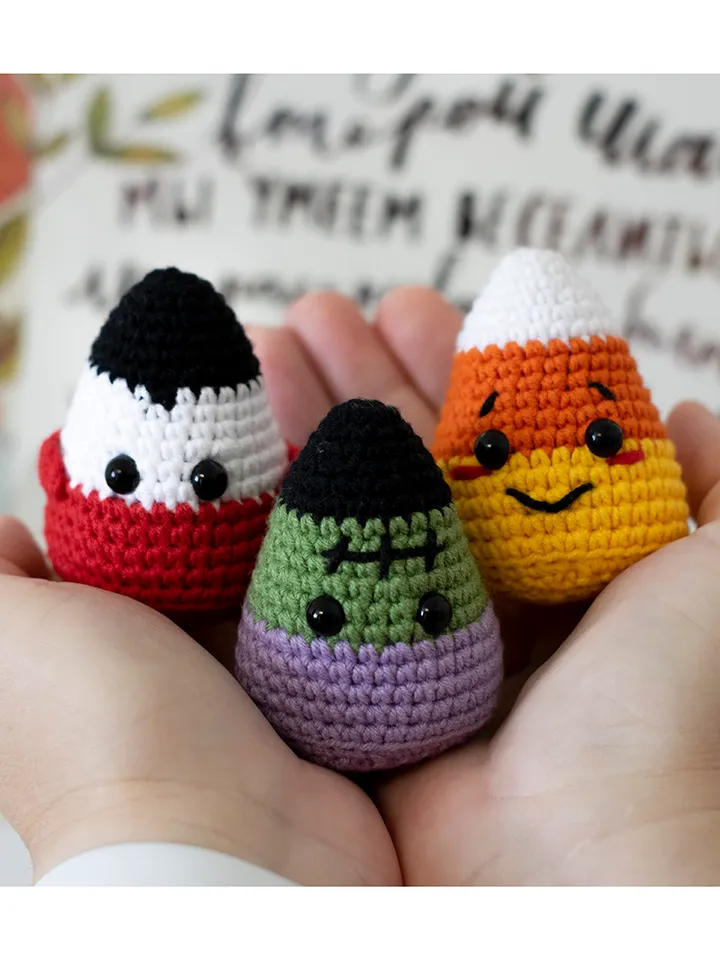 Set miniature candy corn monster toys Halloween sign, creepy cute table decor, basket and bowl fillers for spooky season