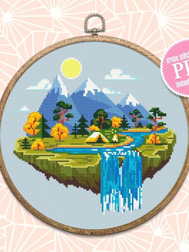 Nature cross stitch pattern download PDF Camping tent digital PDF Mountain landscape cross stitch Adventure awaits Summer travel stitch #L41