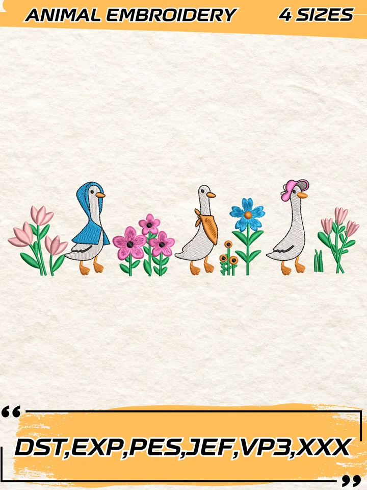 Goose Flower Embroidery Design,Animal Embroidery Design,Silly Goose Design,4 Sizes,Digital Download