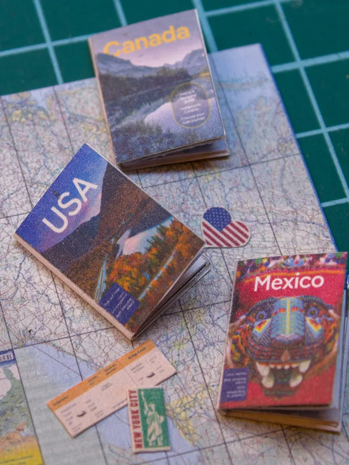 TEMPLATE 3 sheets of miniature travel booklets, maps, postcards, stickers