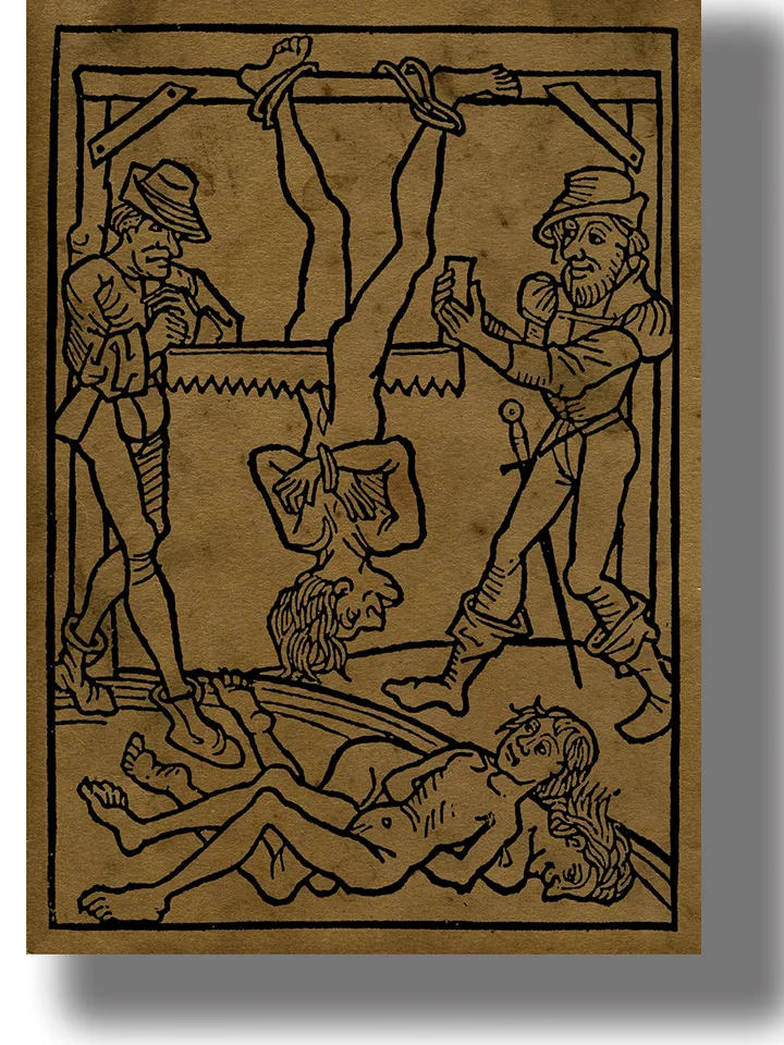 Sawing in half with a saw. Brutal medieval execution. The terrible punishment of a heretic.