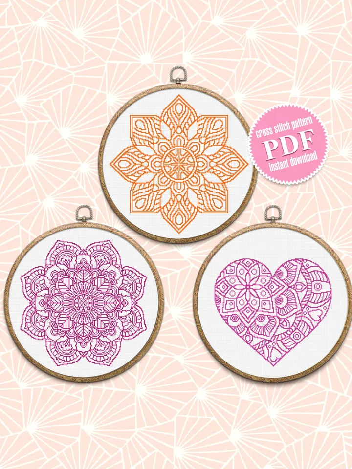 Mandala set cross stitch pattern download PDF Flower mandala cross stitch, Mandala pattern digital PDF, Heart ornament, DIY Home decor #S35
