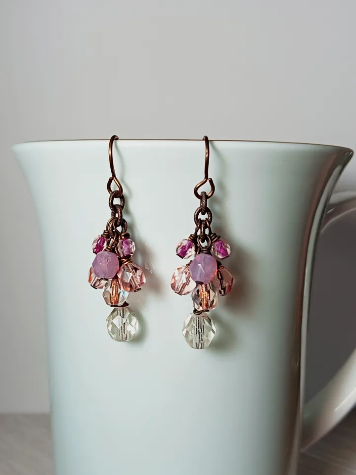 Solid and natural brass Boho Shabby chic with Czech glass beads earrings with chain.