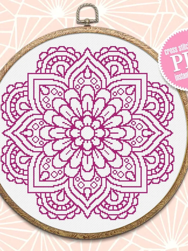 Flower mandala cross stitch pattern download PDF Monochrome floral ornament cross stitch chart, Easy mandala embroidery DIY Home decor #M138