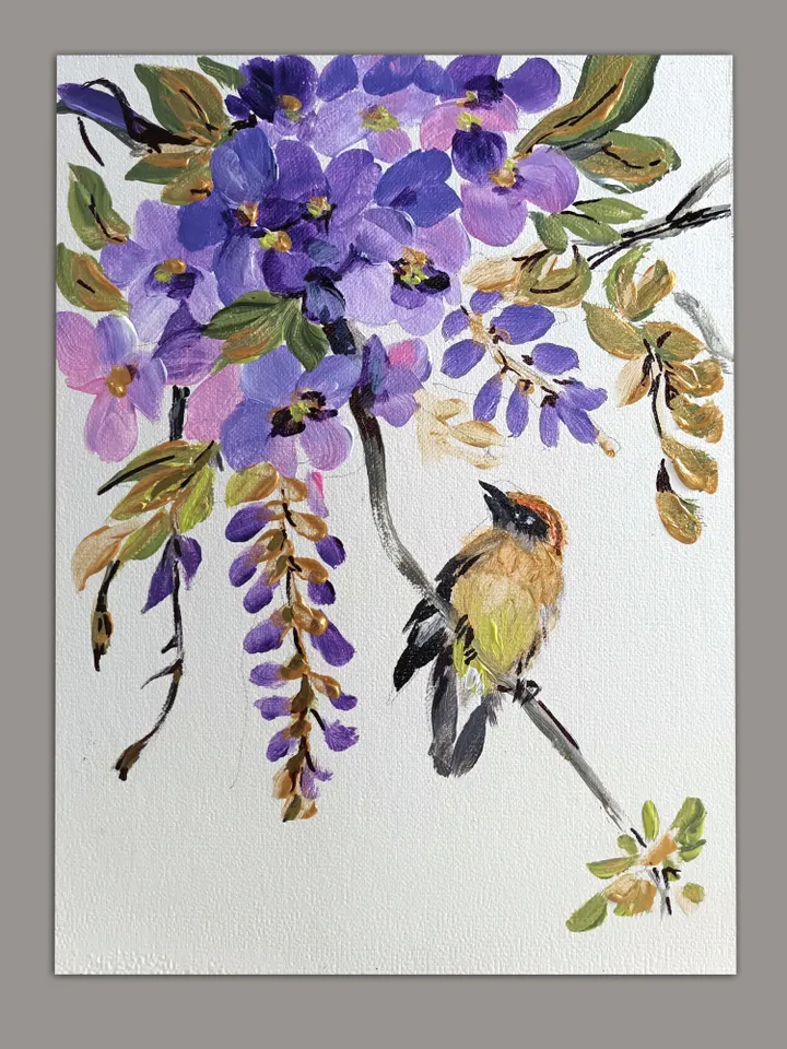 Painting"Forest Bird and wisteria"/Cardboard 6" x 8". Acrylic. Author's work.