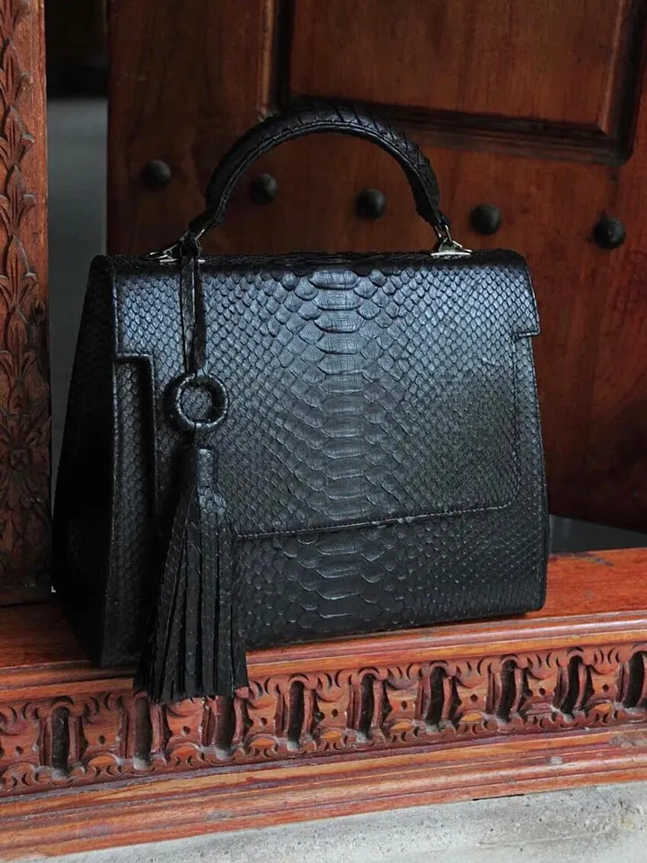 Top handle black classy genuine python skin big bag | exotic leather bags | Elegant women purse | snake skin bag | designer leather bag