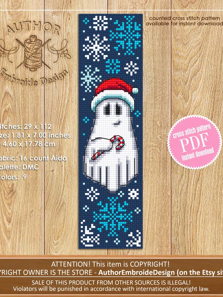 Christmas ghost bookmark cross stitch pattern PDF download Ghost cross stitch chart, Christmas bookmark pattern digital PDF, Snowflake #B368