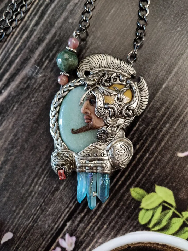 Aztec Warrior Necklace, Warrior Cameo, Aventurine Necklace, Silver Art Necklace