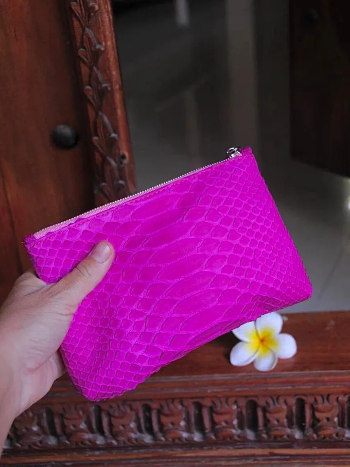 Genuine python skin hot pink cosmetic bag/ Purse Insert Organizer/ Bag Insert For Tote Bag/ exotic leather wallet / small snake skin clutch