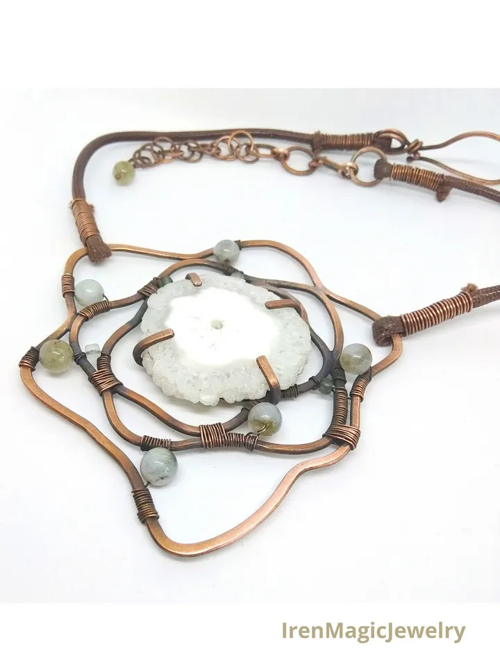 Copper Necklace “Stone Flower” with Stalactite Slice