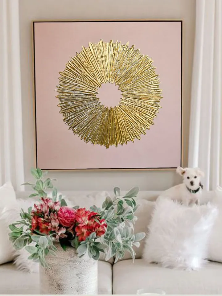 Gold and Pink Abstract Painting Sunburst Textured artwork Original Art Gold Wall Decor Above couch decor by Juliya JC