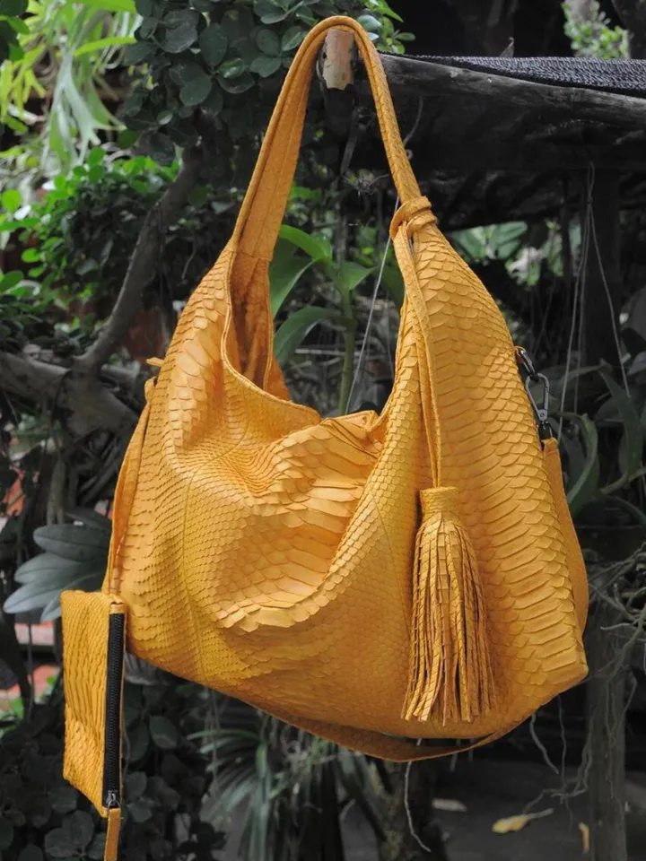Big Soft Hobo Classy Sport Woman Bag | Purse Genuine Python Skin | Python Skin Products | Yellow Big Elegant Leather Designer Soft Bag Snake