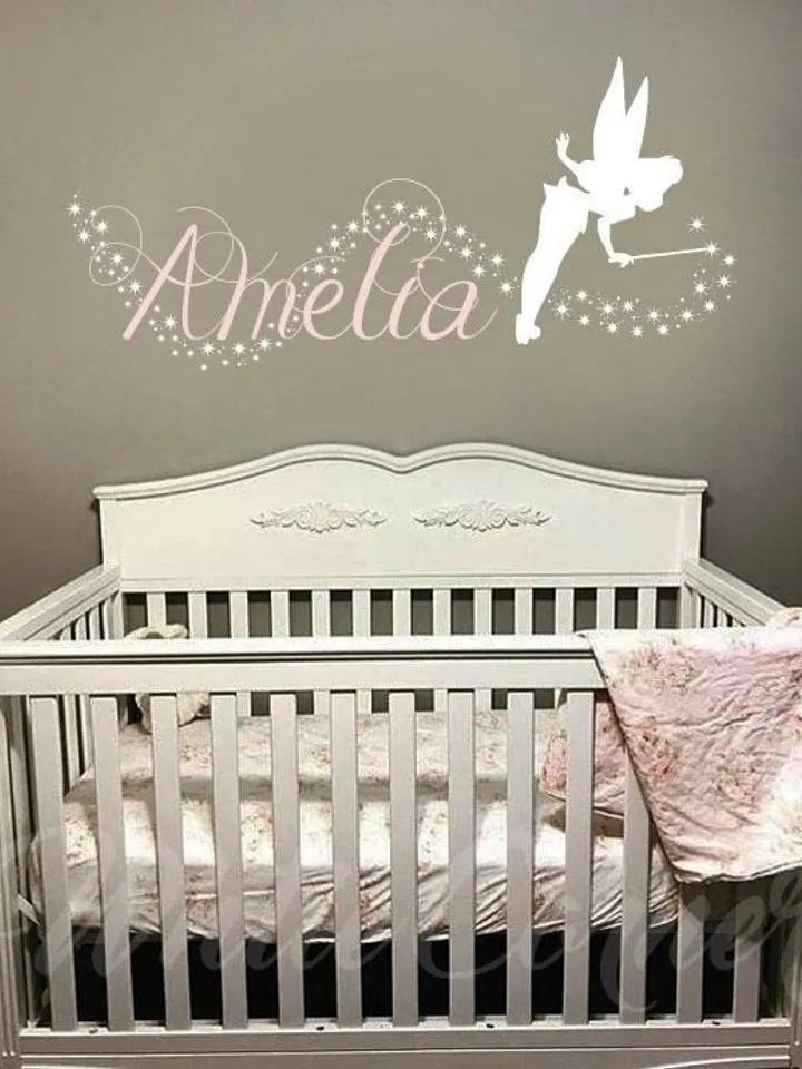 Custom Name Wall Decal, Tinkerbell Wall Decal, Peter Pan Wall Sticker, Disney Decal, Stars Decal, Personalized Decal, Gift for Her rta1875