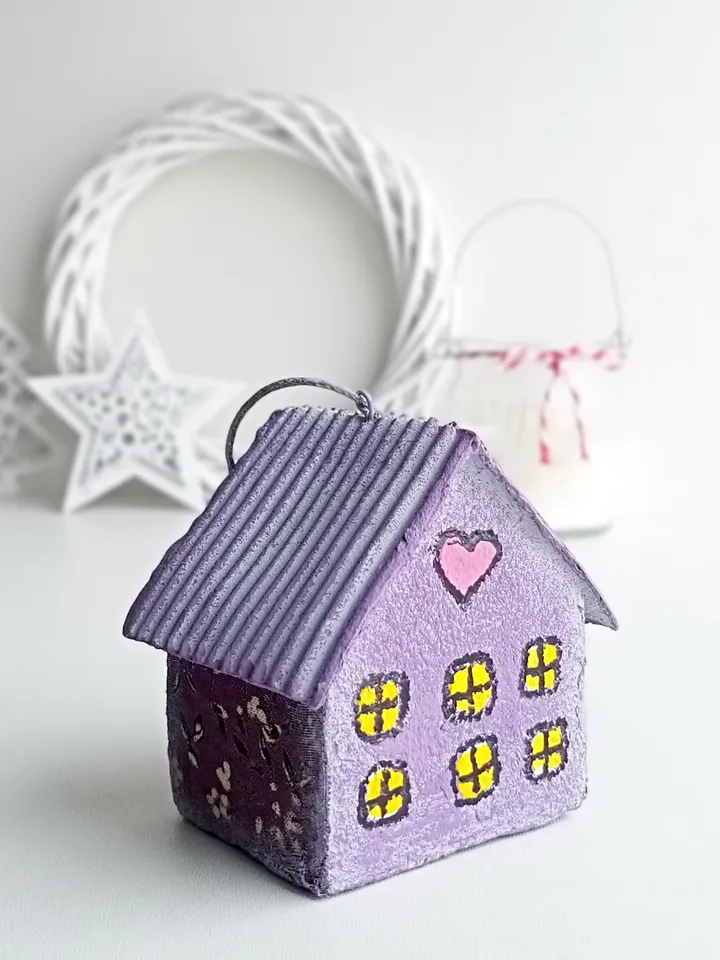 Christmas ornament Hanging Tiny House/Handmade Paper Mache Christmas Tree Ornament/Miniature Purple House Gift