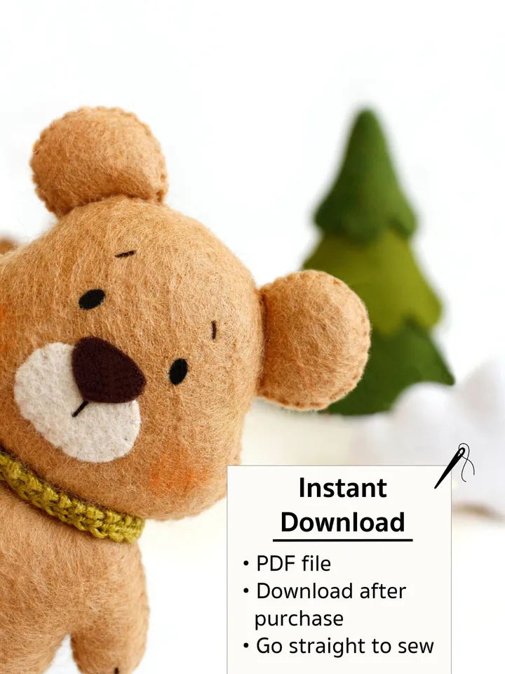 Felt woodland bear with clouds, spruce tree and mountain garland hand sewing PDF tutorial with patterns. DIY forest nursery wall and baby cot decoration