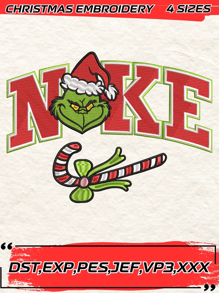 Swoosh Santa Grinch Embroidery Design,Christmas Embroidery Design,4 Sizes,Digital Download