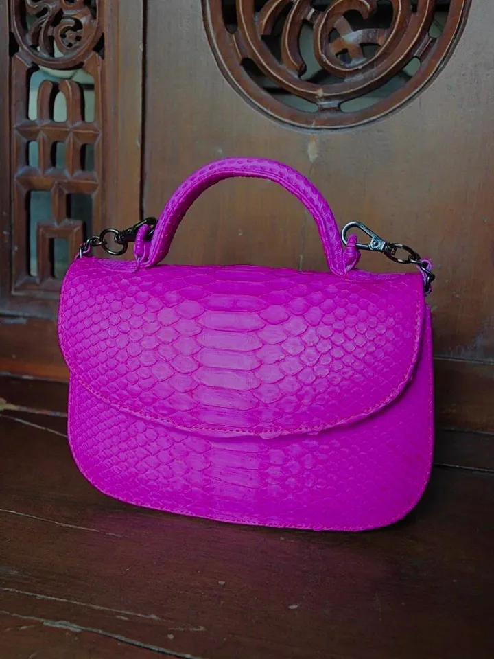 Genuine Python Skin Top Handle hot pink Crossbody Bag | Exotic Leather Bags | Snakeprint Bag | Handmade Designer Bag | Gift For Her