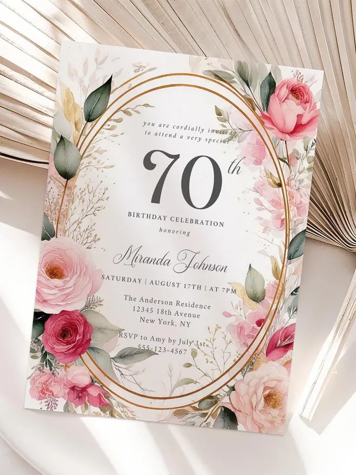 70th Birthday Invitation for Women – Blush Pink & Gold Floral, Elegant Printable Party Invite for Grandma or Women, Digital Canva Template