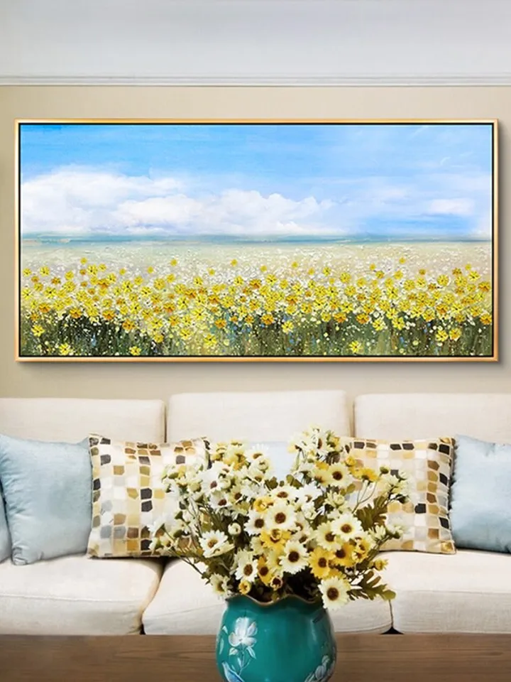 oil painting flower on canvas, original flower painting,yellow flower painting, blue sky painting, landscape painting,living room wall art