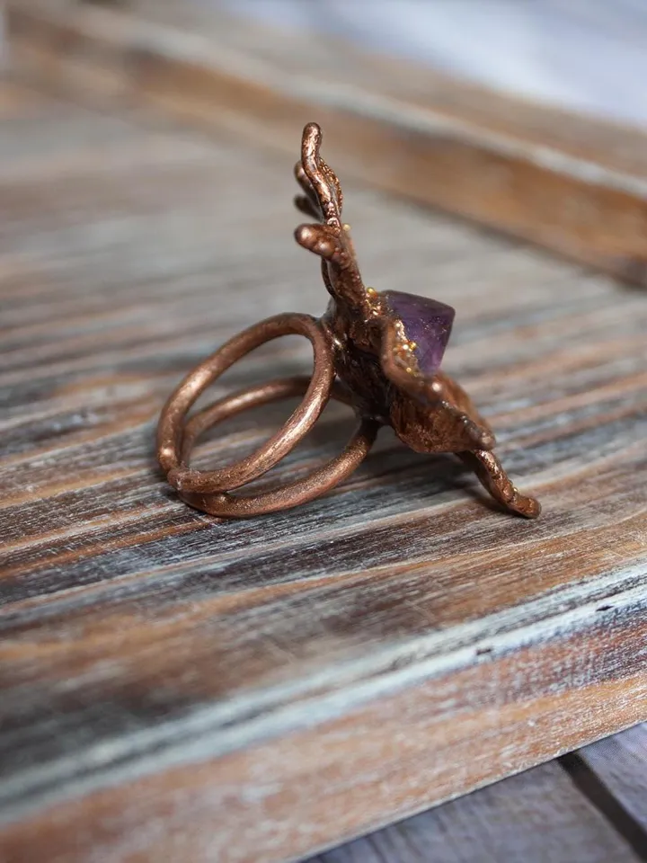 Unique handmade electroformed ring with amethyst