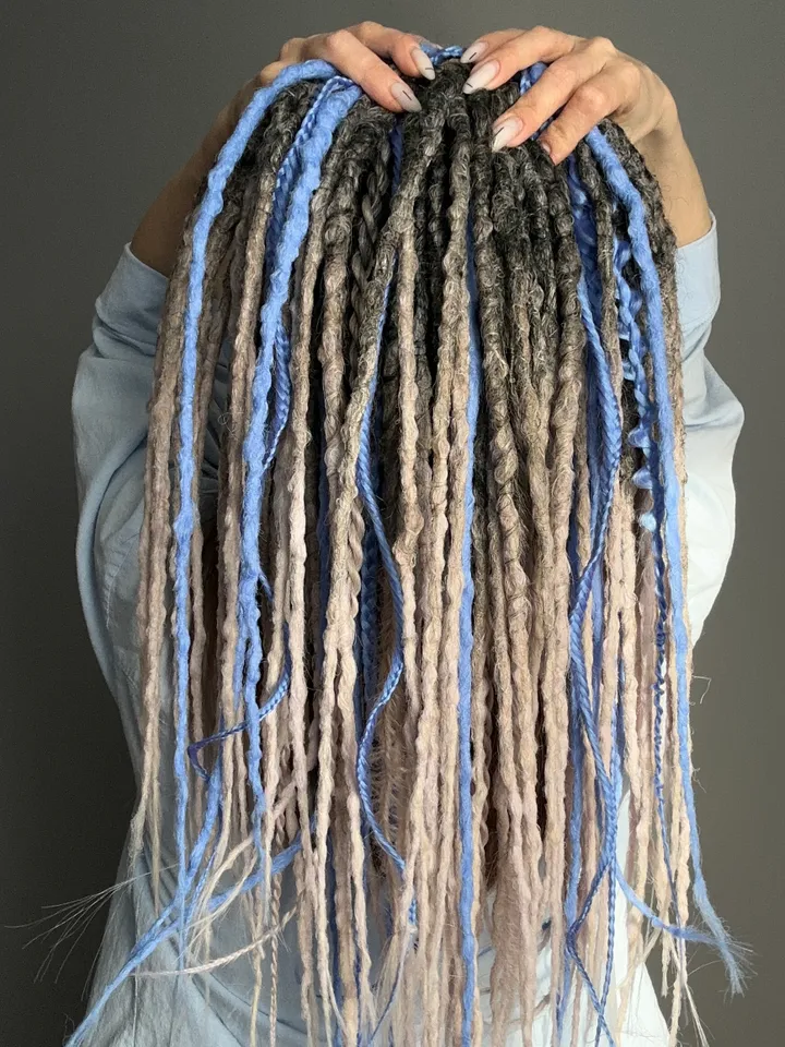 Dreadlocks natural color, blue braids, fake hair